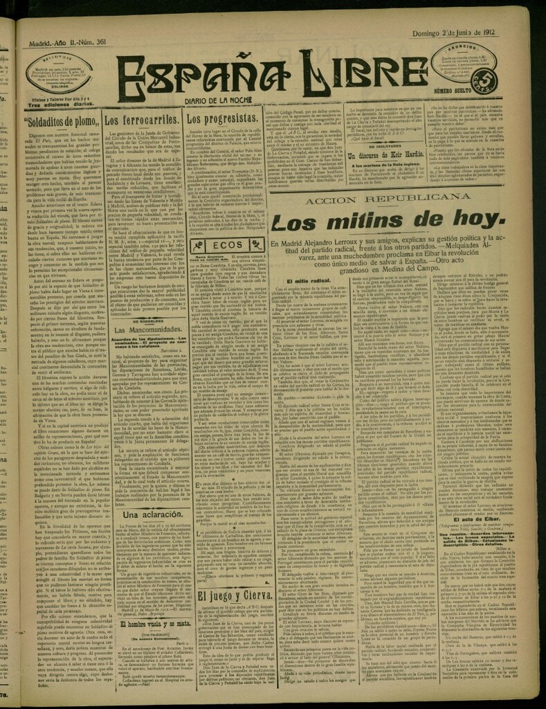 Miniatura de España Libre : Diario de la noche del 2 de junio de 1912, nº 361