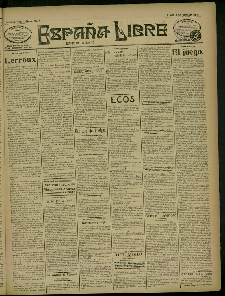 Miniatura de España Libre : Diario de la noche del 3 de junio de 1912, nº 362