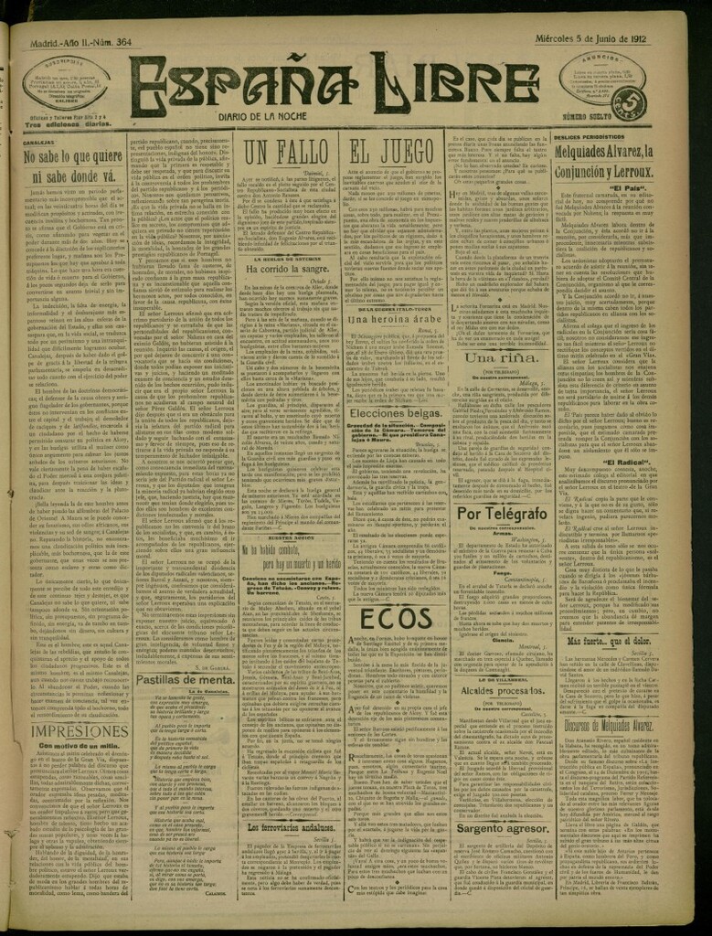 Miniatura de España Libre : Diario de la noche del 5 de junio de 1912, nº 364