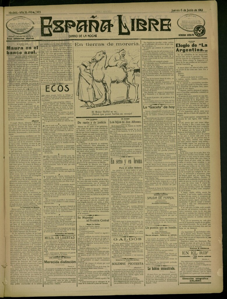 Miniatura de España Libre : Diario de la noche del 6 de junio de 1912, nº 365