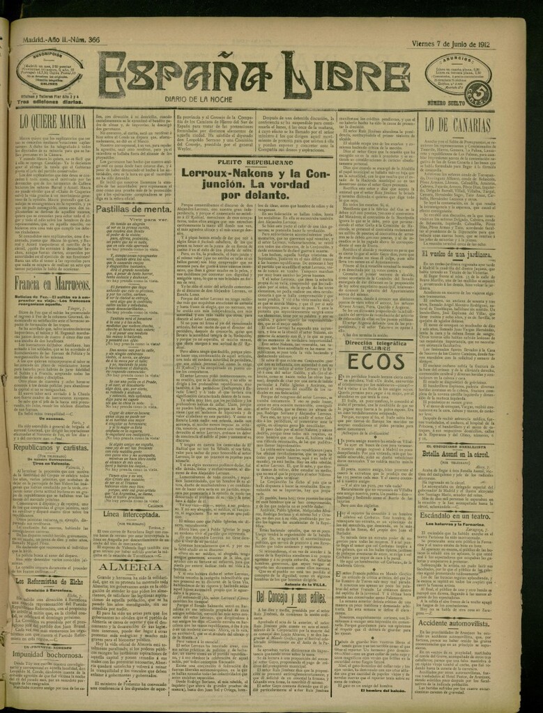 Miniatura de España Libre : Diario de la noche del 7 de junio de 1912, nº 366