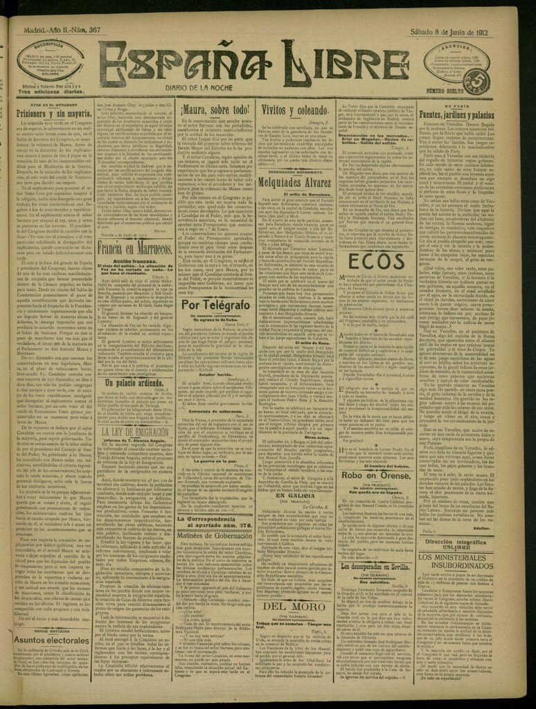 Miniatura de España Libre : Diario de la noche del 8 de junio de 1912, nº 367