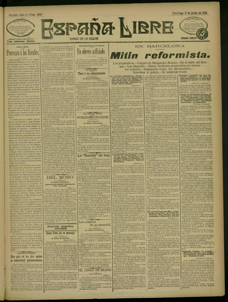 Miniatura de España Libre : Diario de la noche del 9 de junio de 1912, nº 368