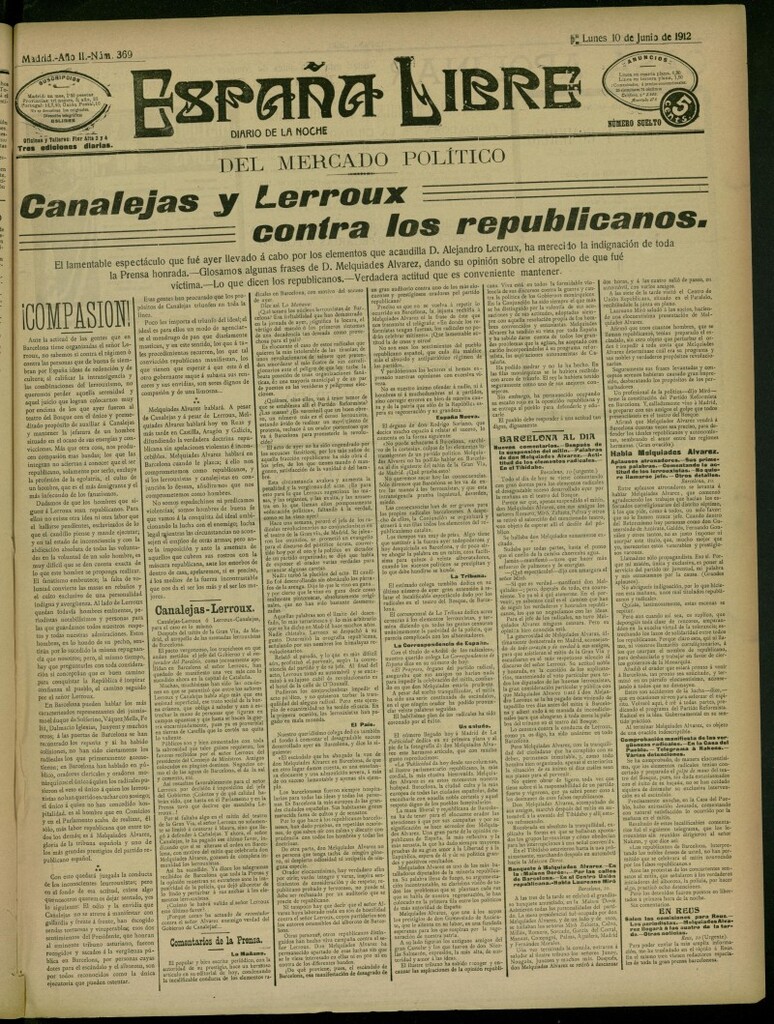 Miniatura de España Libre : Diario de la noche del 10 de junio de 1912,n º 369