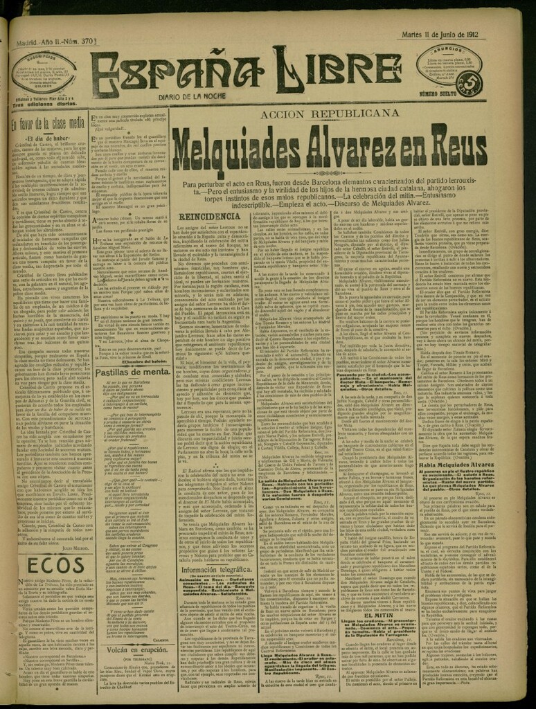 Miniatura de España Libre : Diario de la noche del 11 de junio de 1912, nº 370