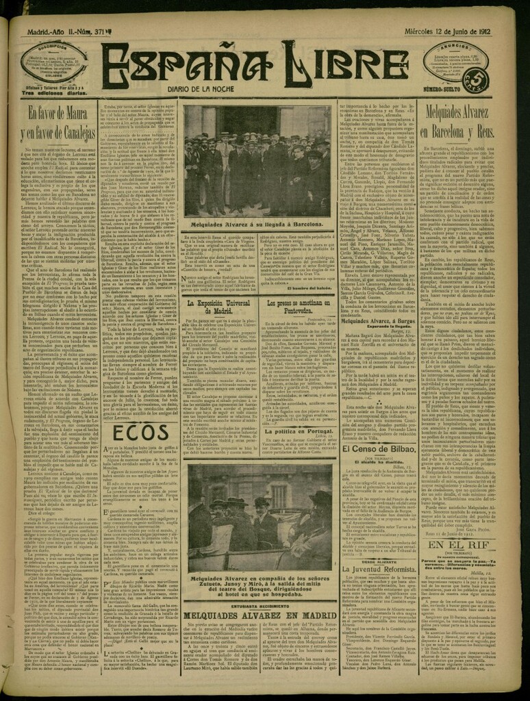 Miniatura de España Libre : Diario de la noche del 12 de junio de 1912, nº 371