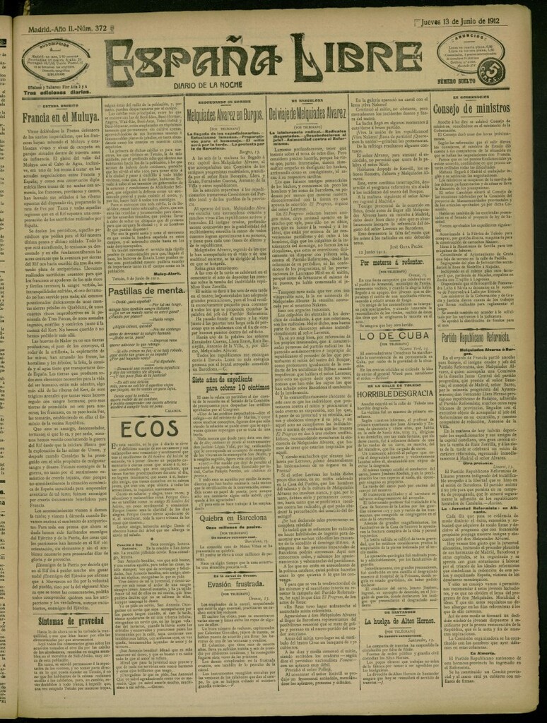 Miniatura de España Libre : Diario de la noche del 13 de junio de 1912, nº 372