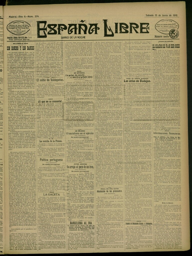 Miniatura de España Libre : Diario de la noche del 15 de junio de 1912, nº 374