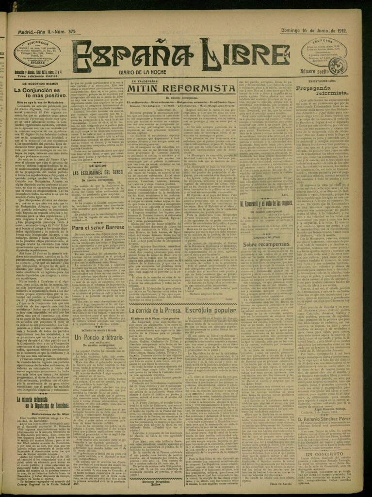 Miniatura de España Libre : Diario de la noche del 16 de junio de 1912, nº 375