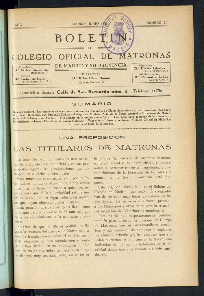 Miniatura de Boletín del Colegio Oficial de Matronas de Madrid y su Provincia de junio de 1932