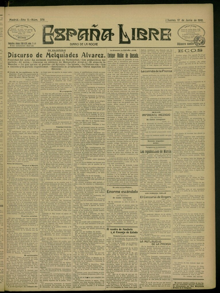 Miniatura de España Libre : Diario de la noche del 17 de junio de 1912, nº 376