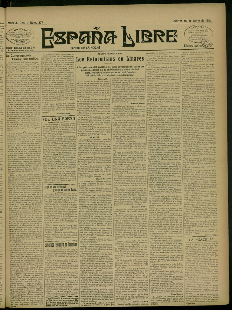 Miniatura de España Libre : Diario de la noche del 18 de junio de 1912, nº 377
