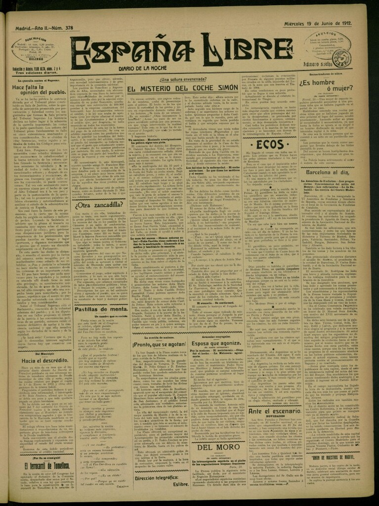 Miniatura de España Libre : Diario de la noche del 19 de junio de 1912, nº 378