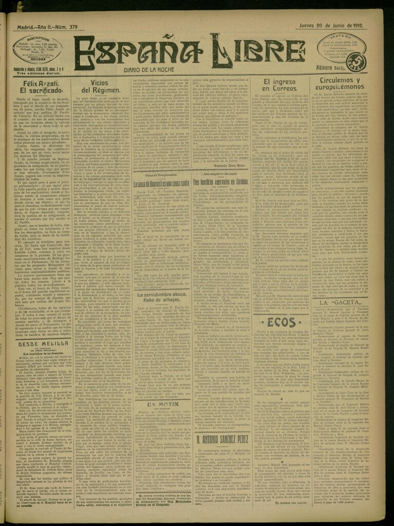 Miniatura de España Libre : Diario de la noche del 20 de junio de 1912, nº 379