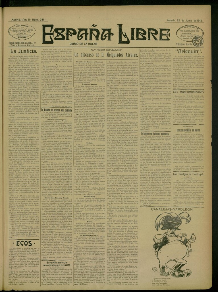 Miniatura de España Libre : Diario de la noche del 22 de junio de 1912, nº 381