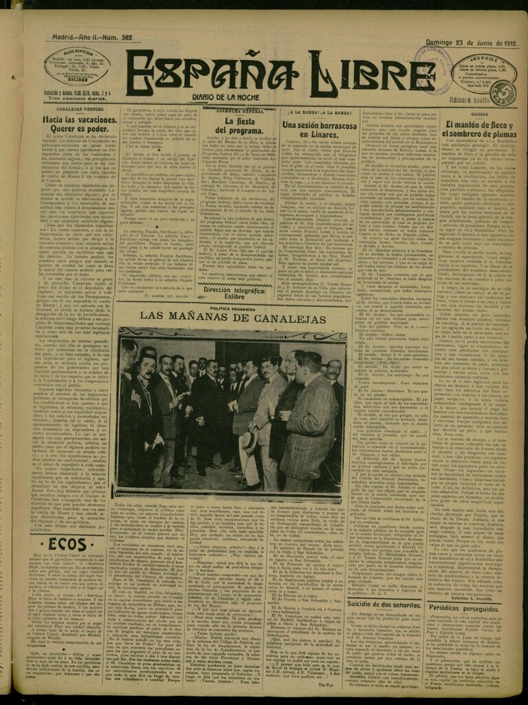 Miniatura de España Libre : Diario de la noche del 23 de junio de 1912, nº 382
