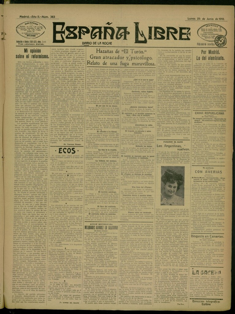 Miniatura de España Libre : Diario de la noche del 24 de junio de 1912, nº 383