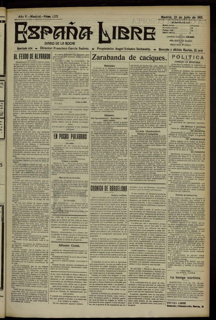 Miniatura de España Libre : Diario de la noche del 23 de julio de 1915, nº 1371