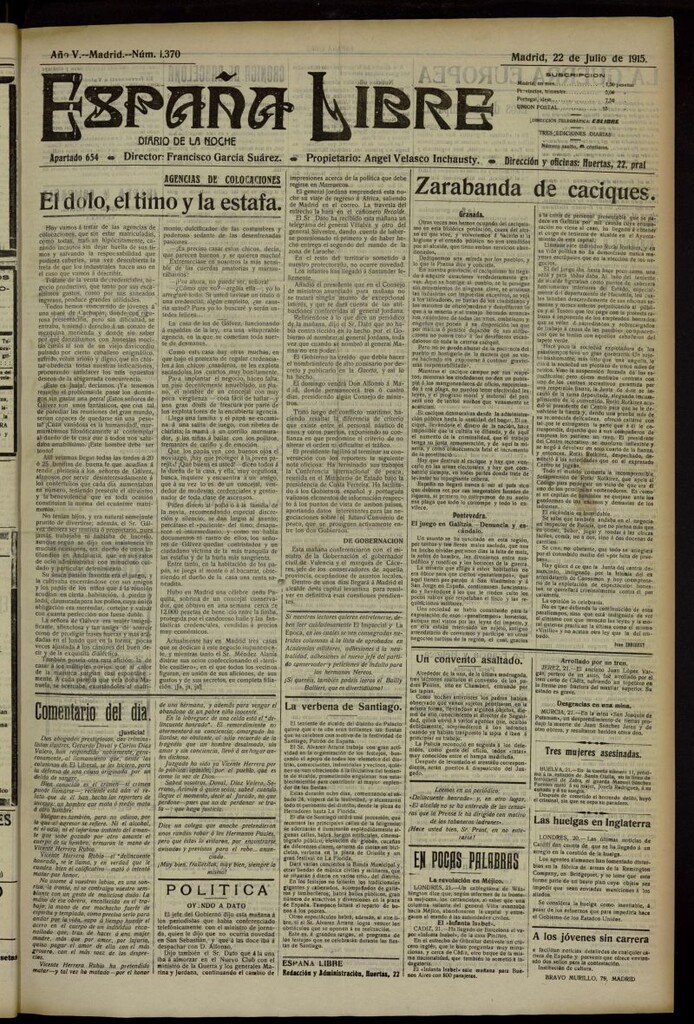 Miniatura de España Libre : Diario de la noche del 22 de julio de 1915, nº 1370