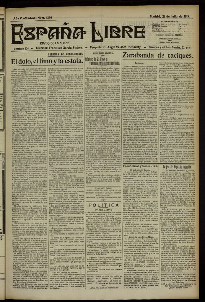 Miniatura de España Libre : Diario de la noche del 21 de julio de 1915, nº 1369