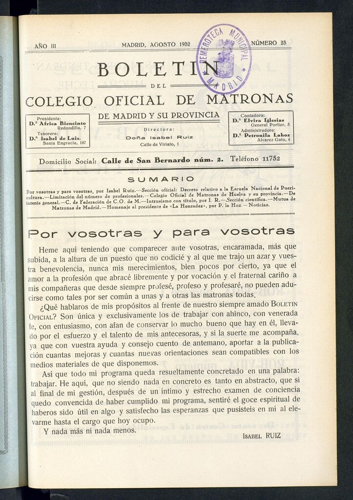 Miniatura de Boletín del Colegio Oficial de Matronas de Madrid y su Provincia de agosto de 1932