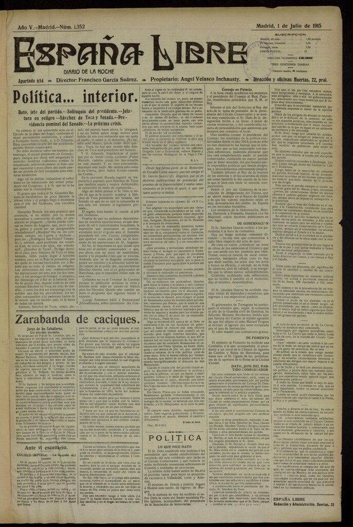 Miniatura de España Libre : Diario de la noche del 1 de julio de 1915, nº 1352