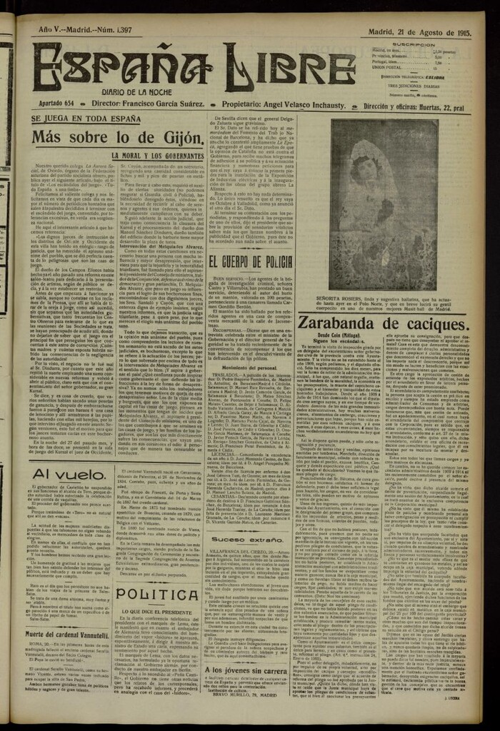 Miniatura de España Libre : Diario de la noche del 21 de agosto de 1915, nº 1397