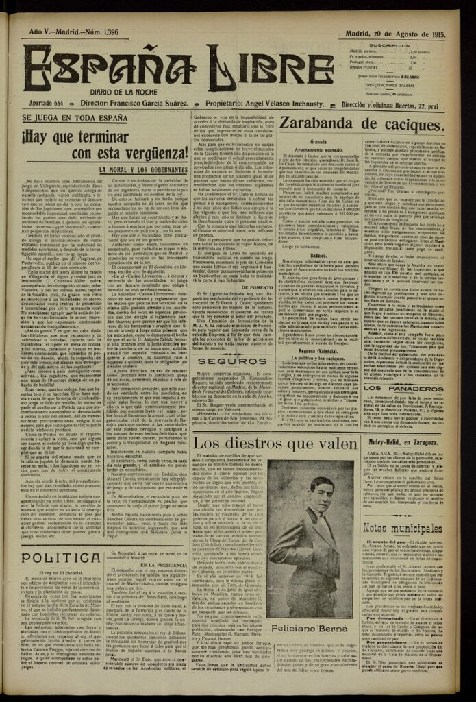 Miniatura de España Libre : Diario de la noche del 20 de agosto de 1915, nº 1396