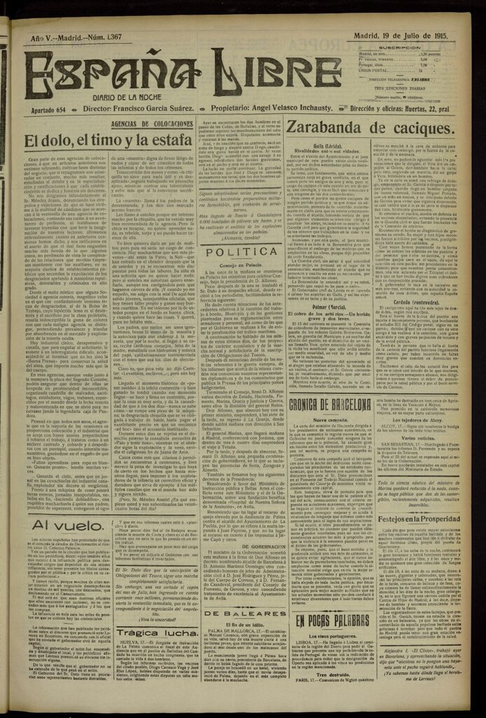 Miniatura de España Libre : Diario de la noche del 19 de julio de 1915, nº 1367