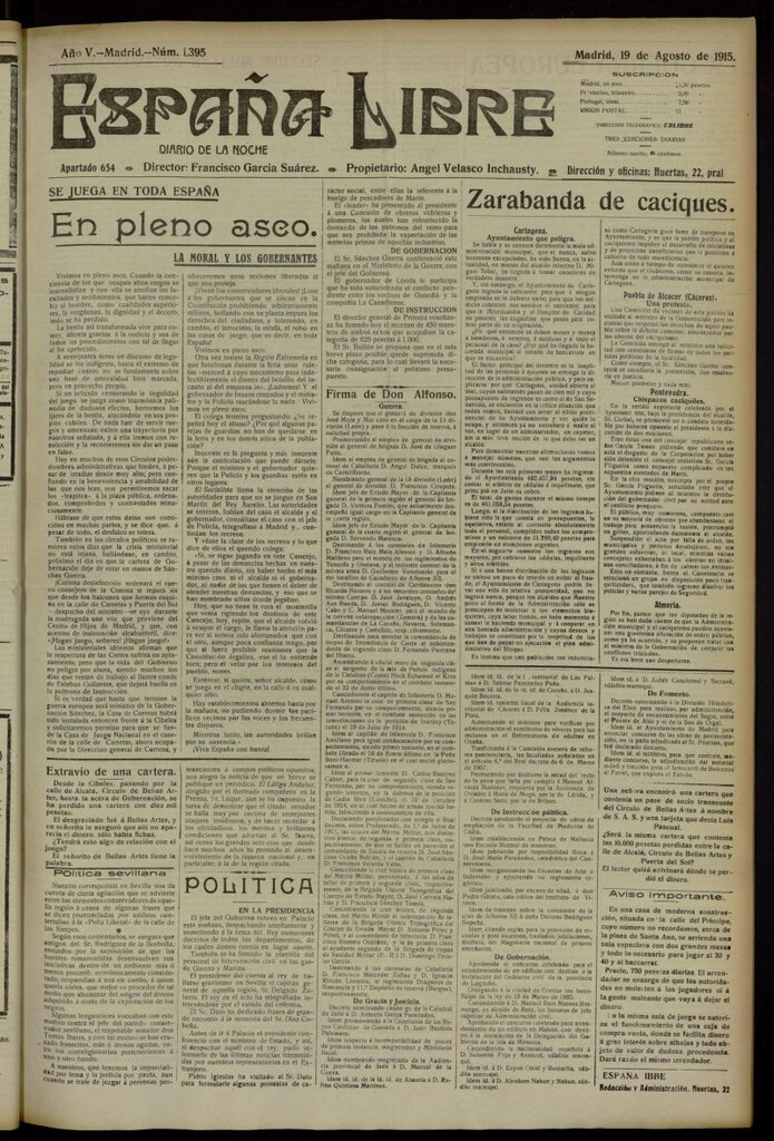 Miniatura de España Libre : Diario de la noche del 19 de agosto de 1915, nº 1395