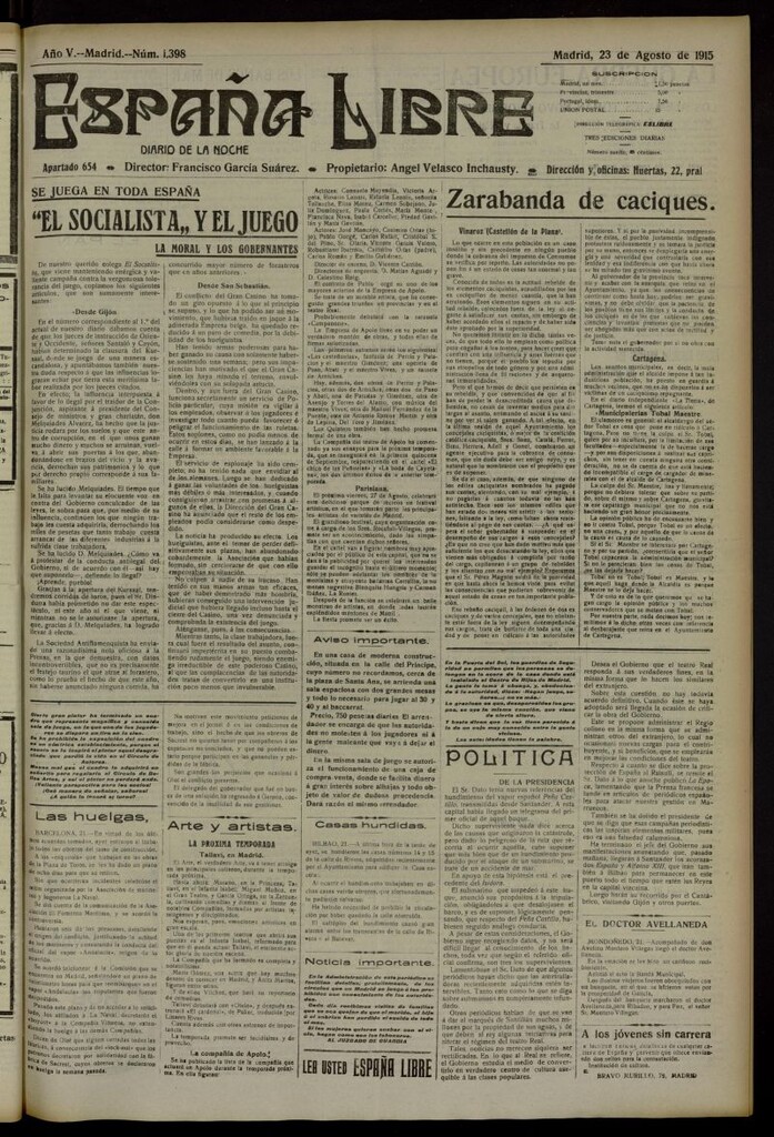 Miniatura de España Libre : Diario de la noche del 23 de agosto de 1915, nº 1398