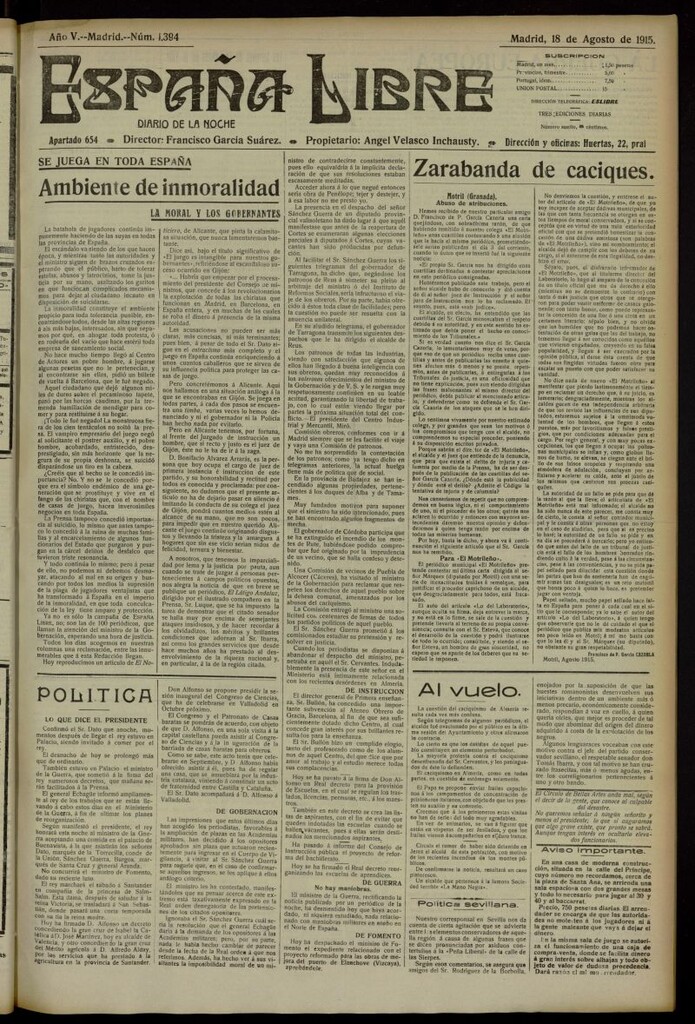 Miniatura de España Libre : Diario de la noche del 18 de agosto de 1915, nº 1394