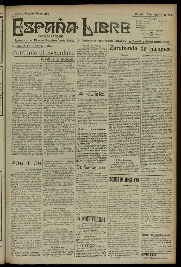 Miniatura de España Libre : Diario de la noche del 17 de agosto de 1915, nº 1393