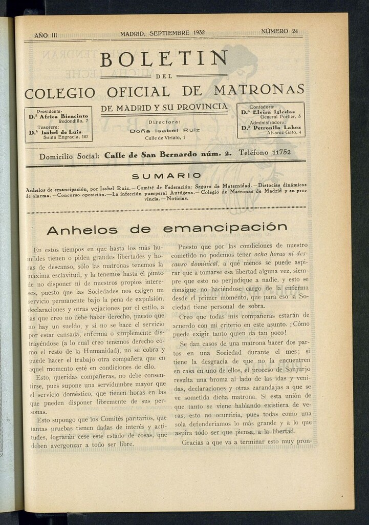 Miniatura de Boletín del Colegio Oficial de Matronas de Madrid y su Provincia de septiembre de 1932