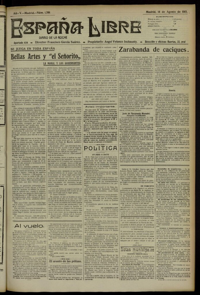 Miniatura de España Libre : Diario de la noche del 14 de agosto de 1915,nº 1391