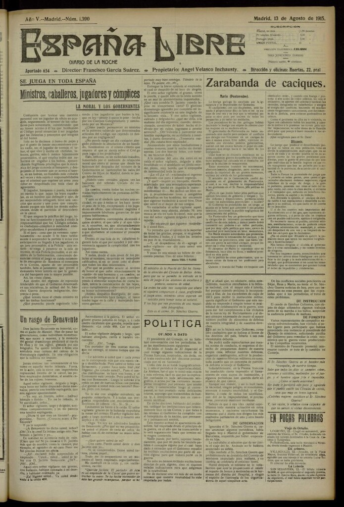 Miniatura de España Libre : Diario de la noche del 13 de agosto de 1915, nº 1390