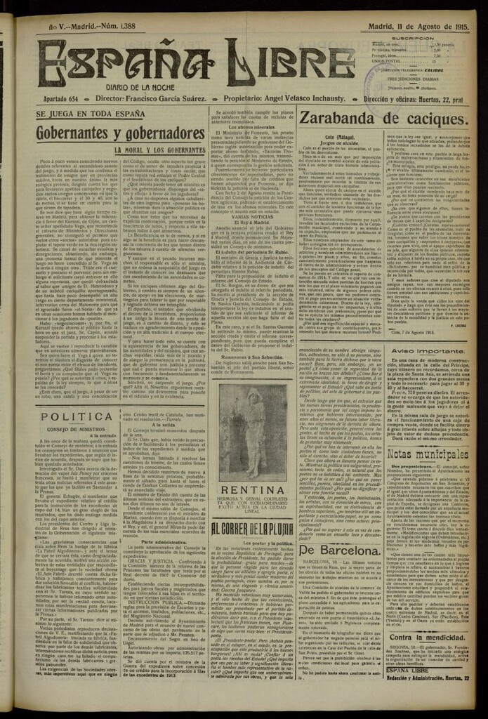 Miniatura de España Libre : Diario de la noche del 11 de agosto de 1915, nº 1388