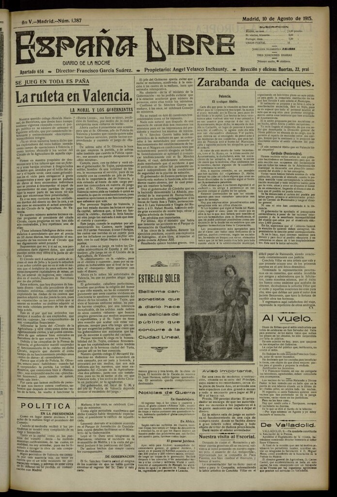 Miniatura de España Libre : Diario de la noche del 10 de agosto de 1915, nº 1387