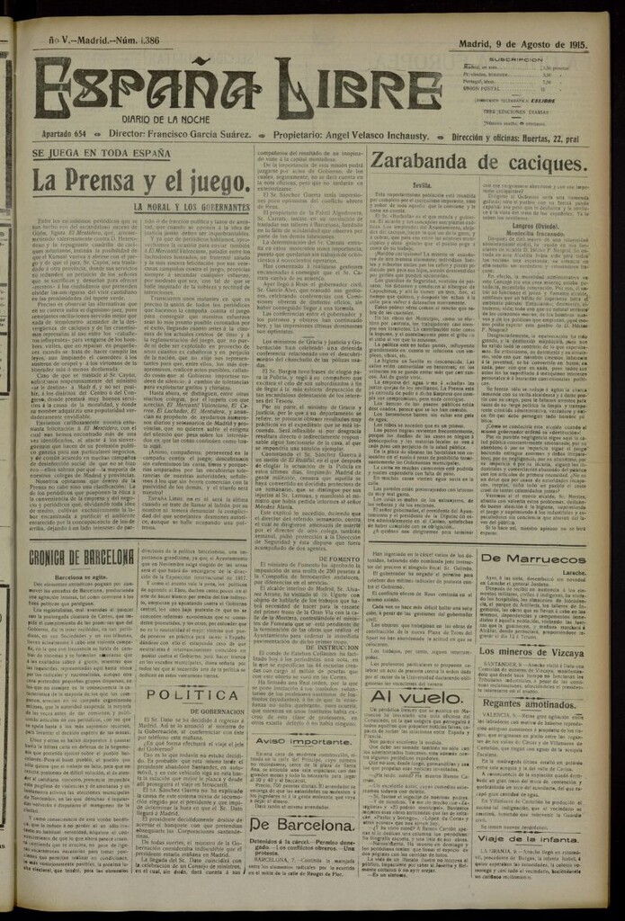Miniatura de España Libre : Diario de la noche del 9 de agosto de 1915, nº 1386