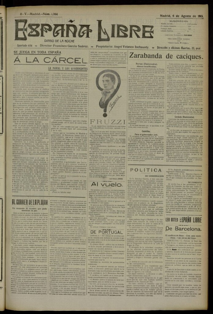 Miniatura de España Libre : Diario de la noche del 6 de agosto de 1915, nº 1384