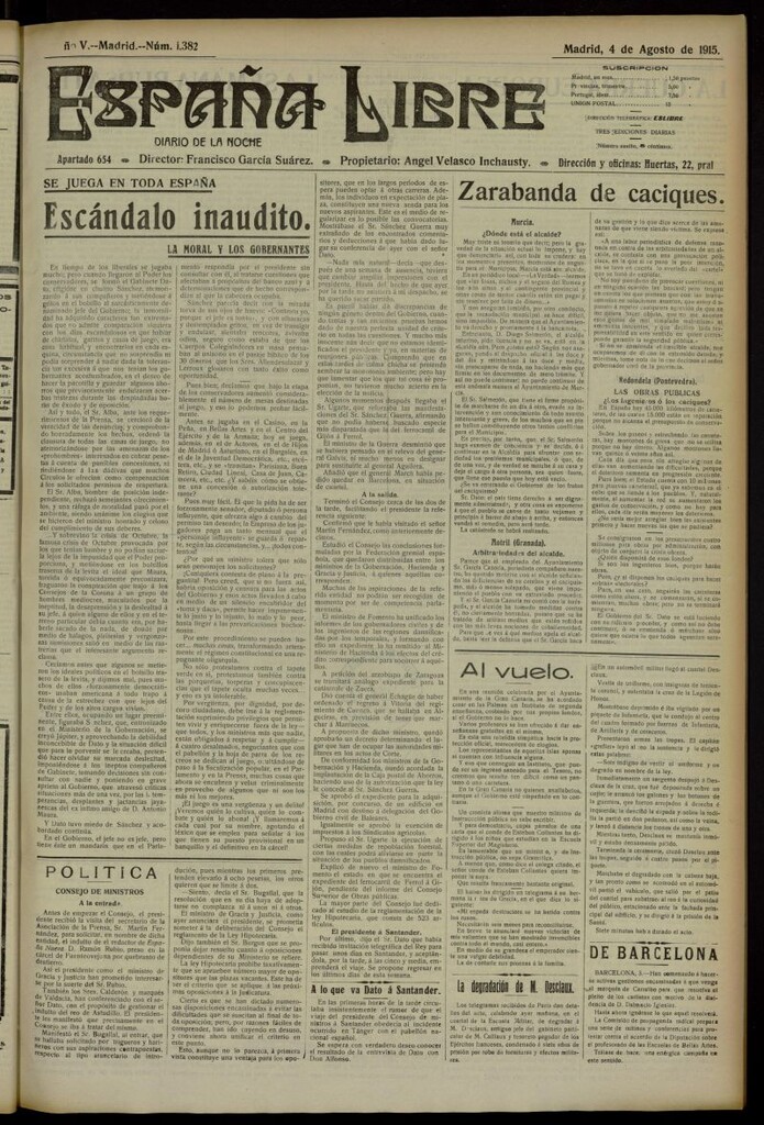 Miniatura de España Libre : Diario de la noche del 4 de agosto de 1915, nº 1382