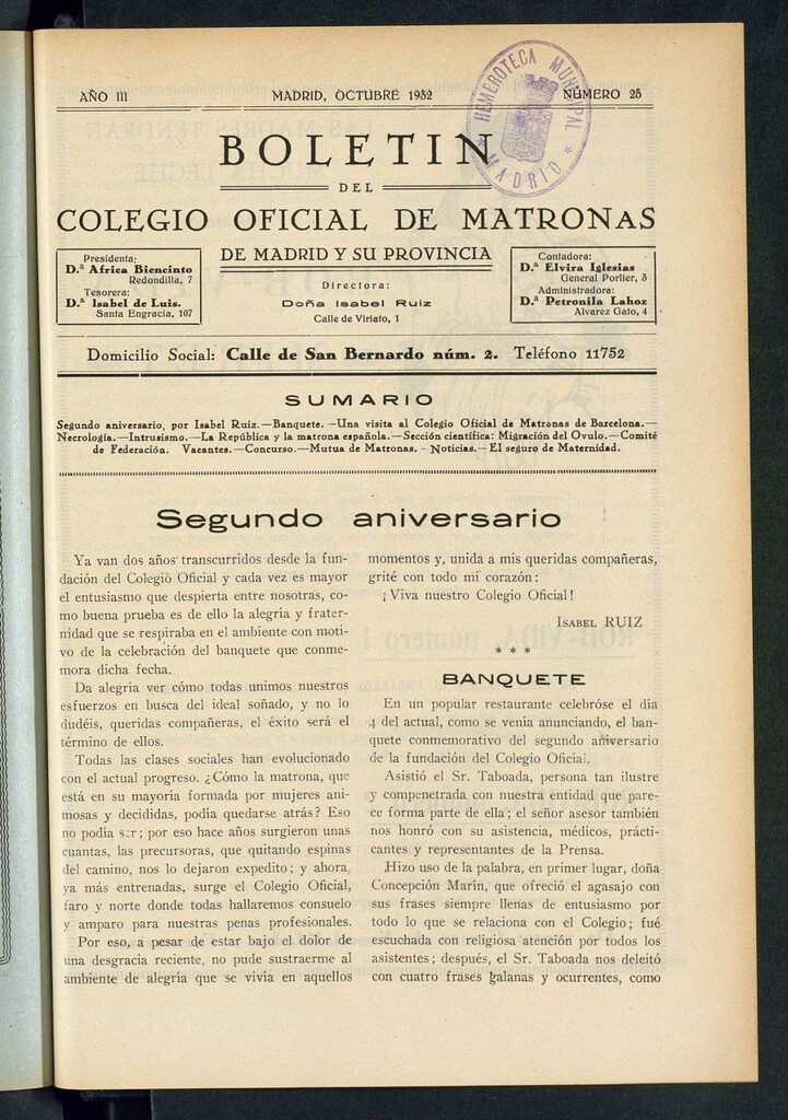 Miniatura de Boletín del Colegio Oficial de Matronas de Madrid y su Provincia de octubre de 1932