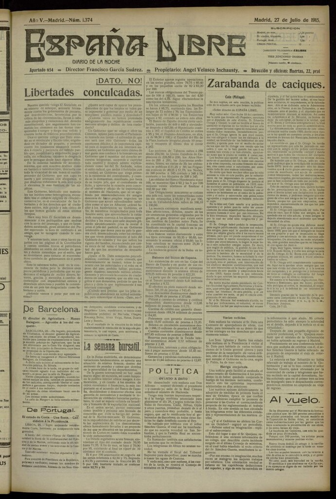 Miniatura de España Libre : Diario de la noche del 27 de julio de 1915, nº 1374