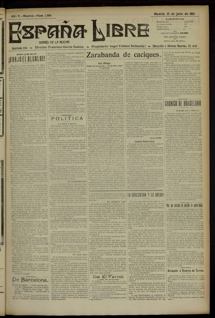 Miniatura de España Libre : Diario de la noche del 15 de julio de 1915, nº 1364