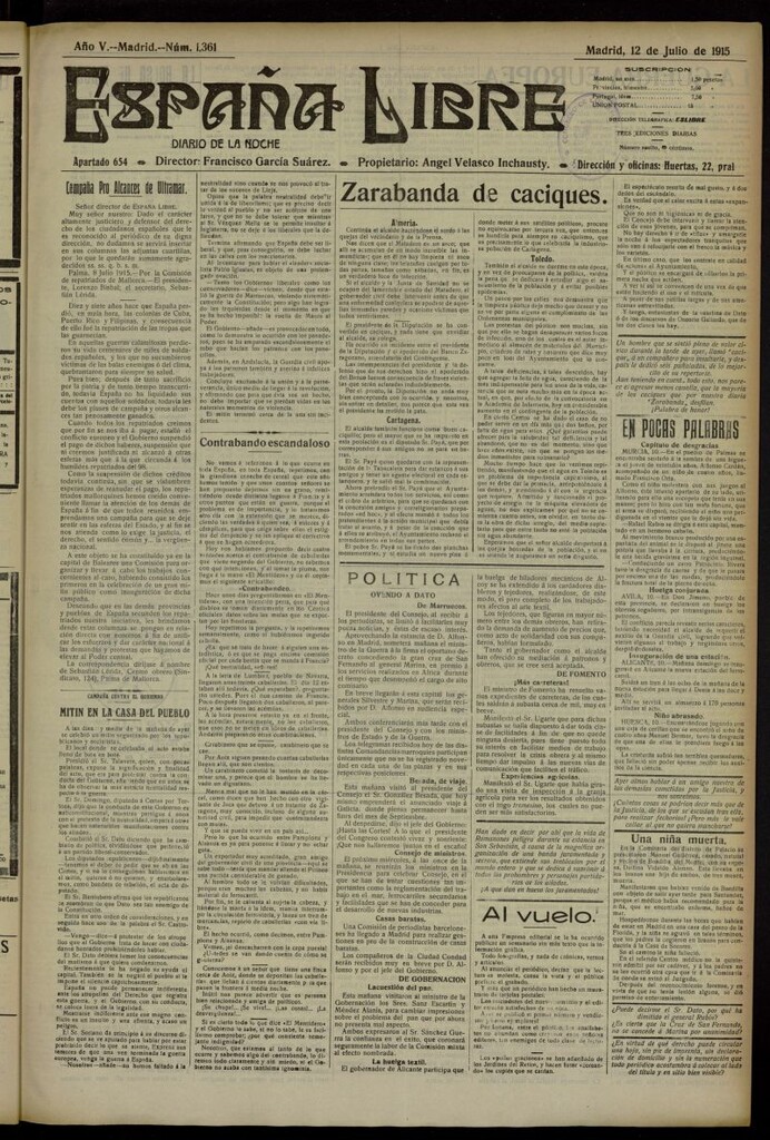 Miniatura de España Libre : Diario de la noche del 12 de julio de 1915, nº 1361