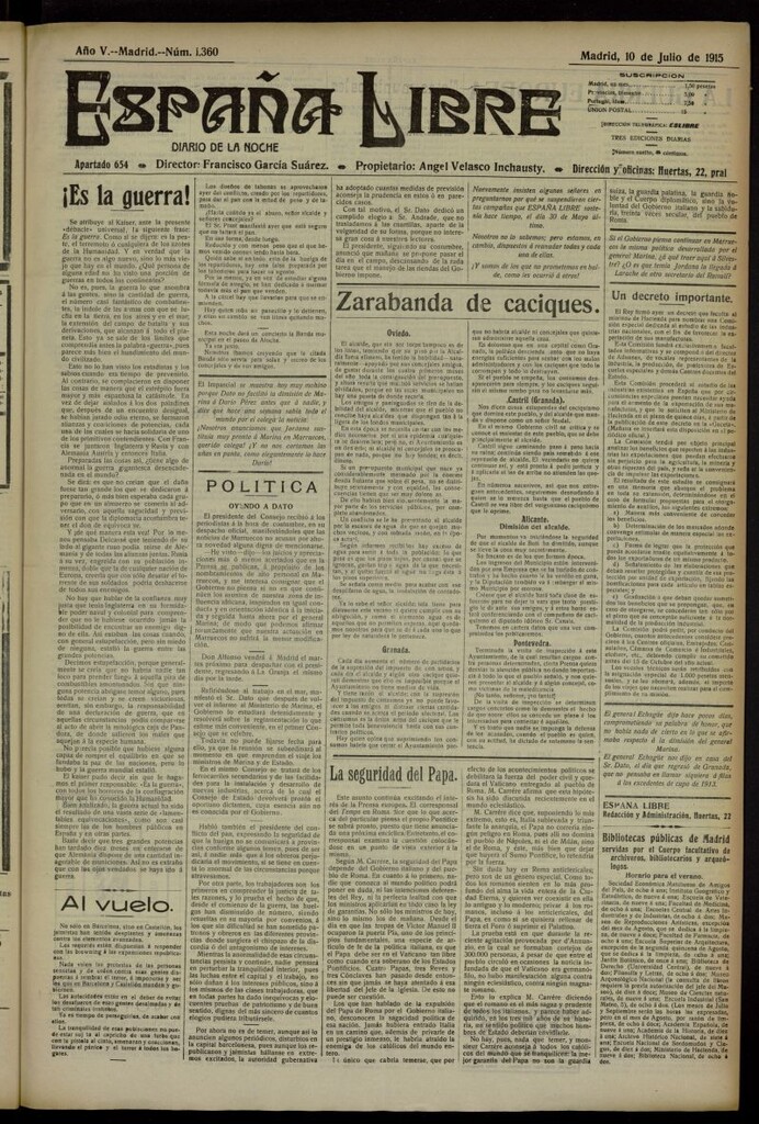 Miniatura de España Libre : Diario de la noche del 10 de julio de 1915, nº 1360