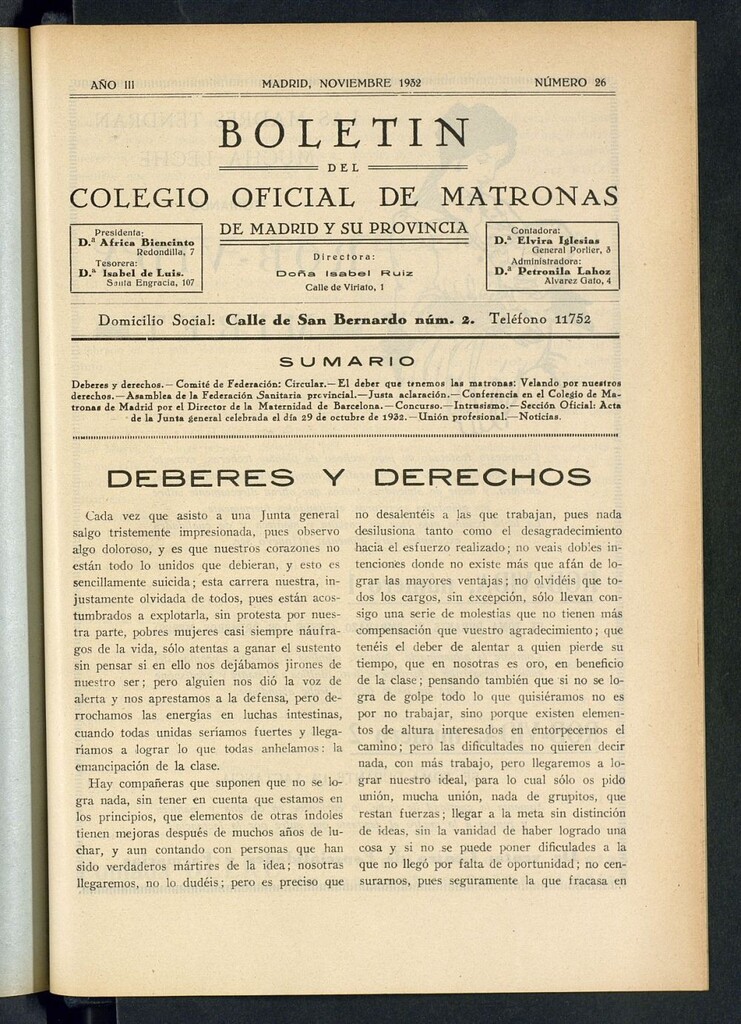 Miniatura de Boletín del Colegio Oficial de Matronas de Madrid y su Provincia de noviembre de 1932