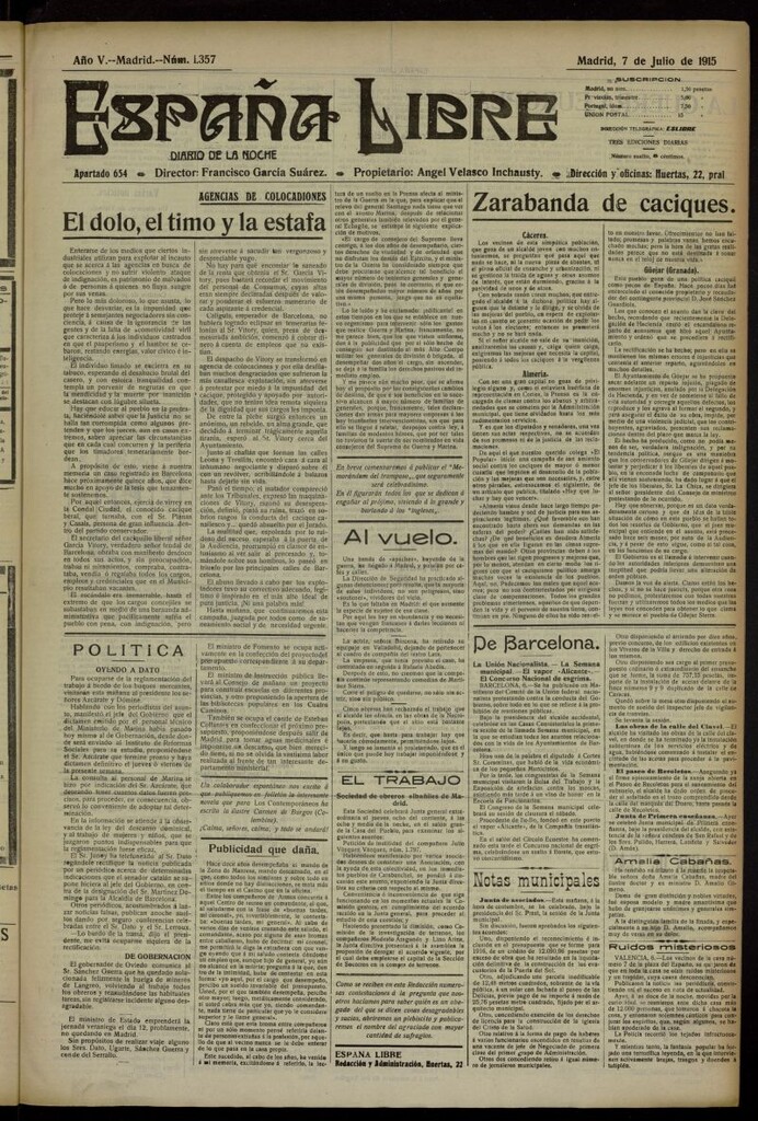 Miniatura de España Libre : Diario de la noche del 7 de julio de 1915, nº 1357