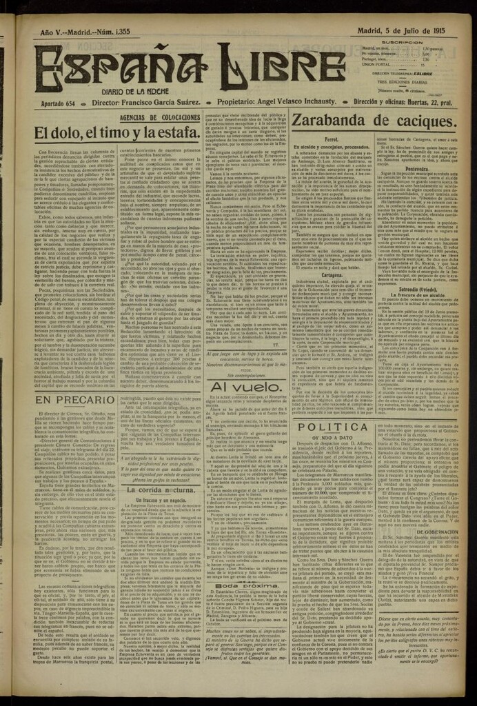 Miniatura de España Libre : Diario de la noche del 5 de julio de 1915, nº 1355