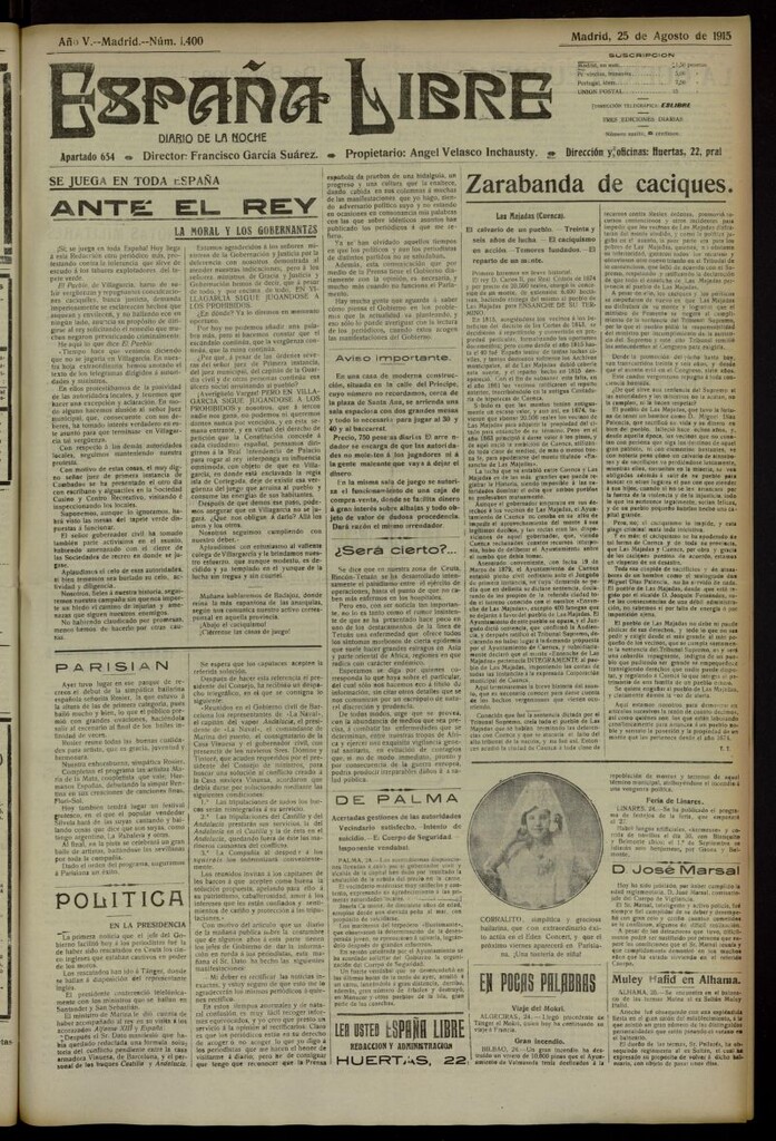 Miniatura de España Libre : Diario de la noche del 25 de agosto de 1915, nº 1400